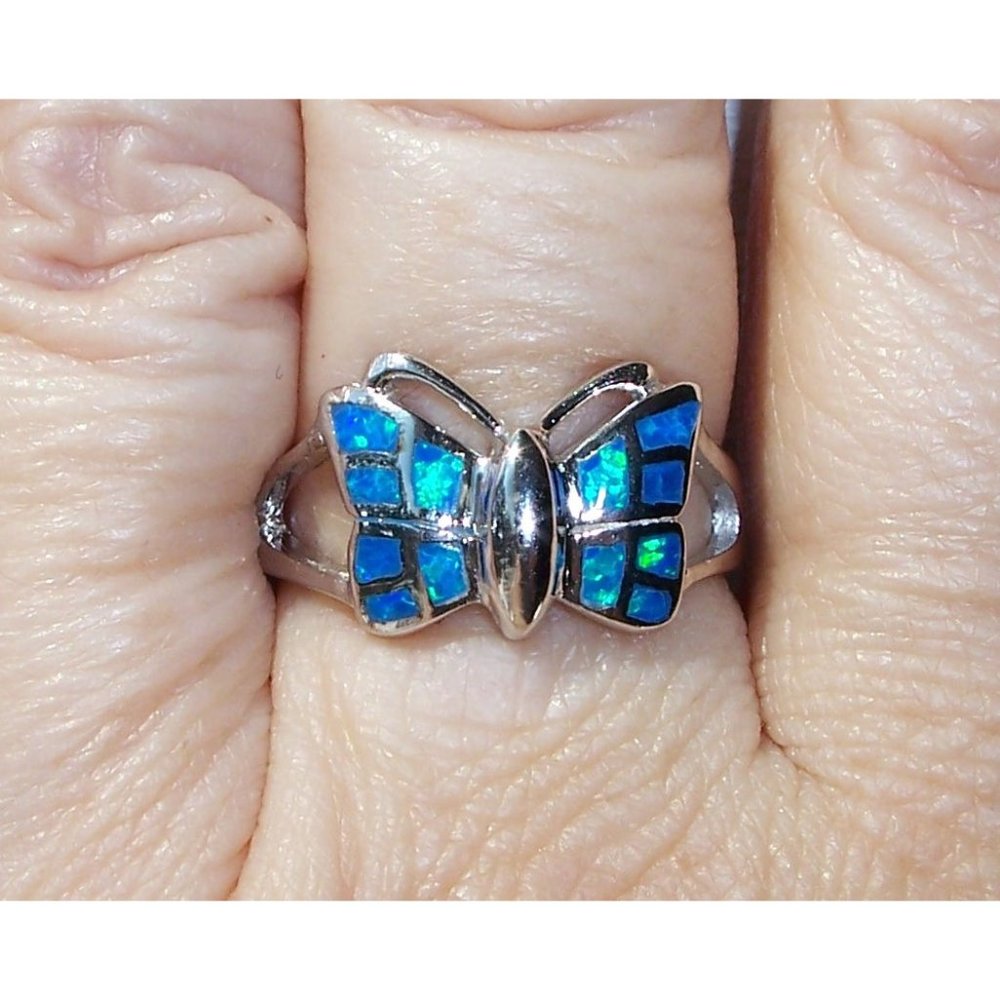 .925 STERLING SILVER Lab Created Blue Fire Opal Inlay Butterfly Ring - Picture 3 of 13